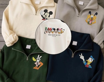 Mickey and Friends Embroidered Half Zip Pullover, Custom Cartoon Sweatshirt, Custom Disney Outfit Gift for Holidays