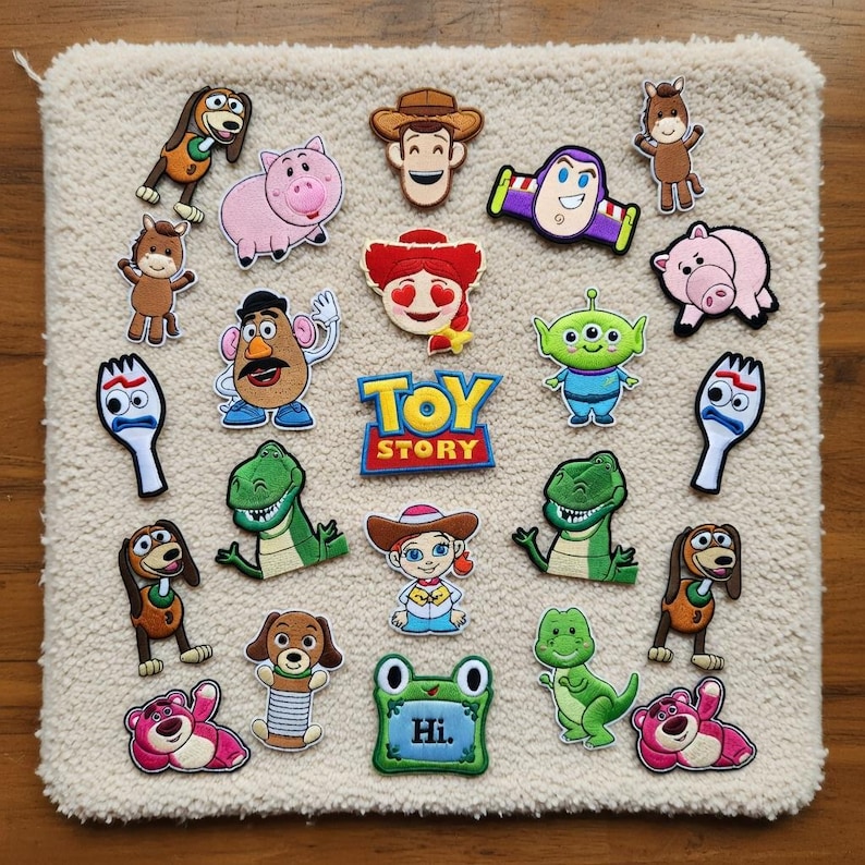 Toy Story inspired embroidered patch collection with alien cowboy dinosaur pig and cartoon toy characters displayed in numbered set