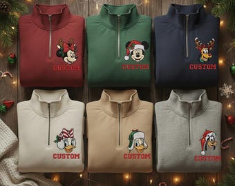 EMBROIDERED Mickey And Friend Christmas Quarter Zip Sweatshirt, Disney Mickey Pluto Goofy Daisy Donald Minnie Character ESD933-938.L.C