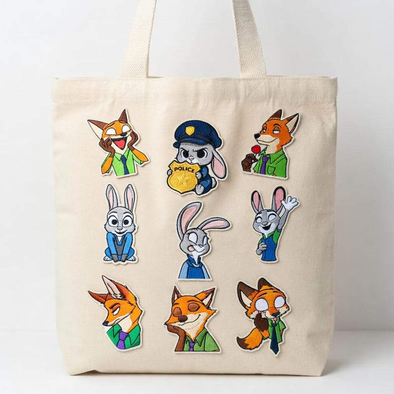 May include: A beige tote bag featuring embroidered patches of cartoon animals. The patches include a fox, a bunny, and other characters in various poses. The patches are in shades of orange, blue, green, and white.