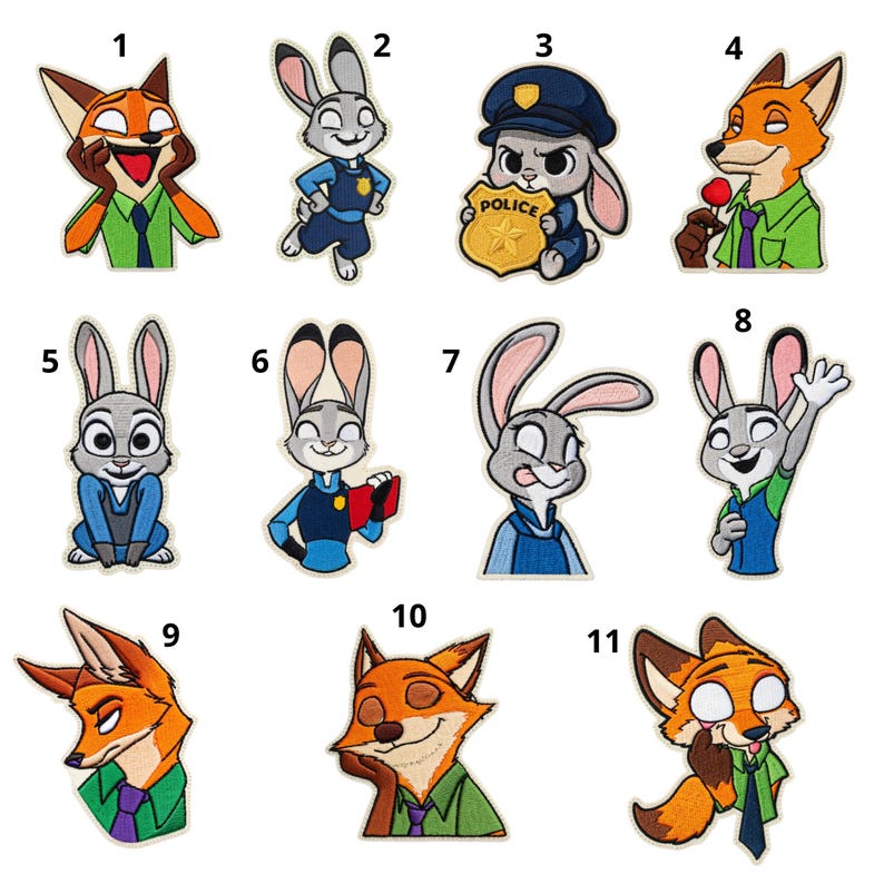 May include: A collection of eleven embroidered patches featuring characters from the animated movie Zootopia. The patches depict a fox and a rabbit in various poses, some wearing police uniforms. The patches are in various colors, including orange, gray, blue, and green.