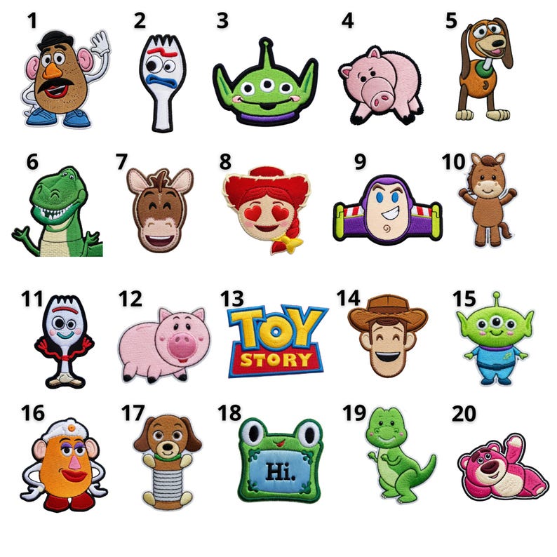 Puede incluir: Una colecci&oacute;n de parches bordados con personajes de la pel&iacute;cula animada "Toy Story". Los parches incluyen personajes como Sr. Cara de Papa, Buzz Lightyear, Woody y otros. Los parches son coloridos y detallados, perfectos para decorar ropa o accesorios.