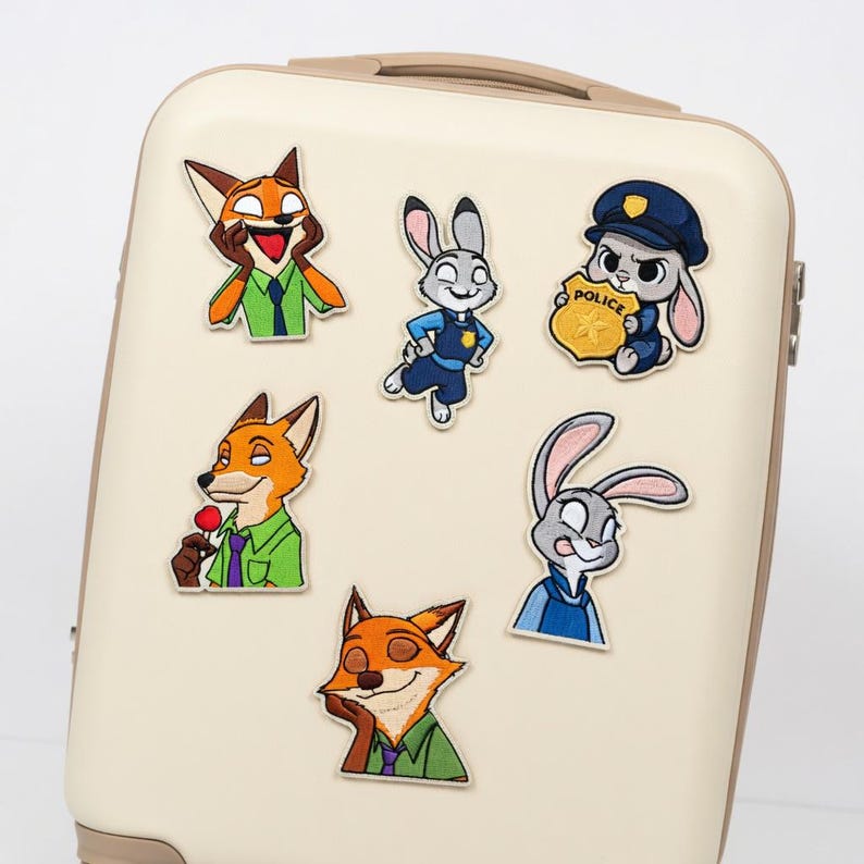 May include: A collection of embroidered patches featuring characters from the animated film Zootopia. The patches depict a fox and a rabbit in various poses, including one wearing a police uniform and holding a badge.