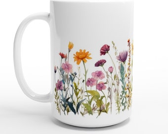 wildflowers mug, floral coffee mug, garden mug, gift for her, gift for mom, 15 oz coffee cup