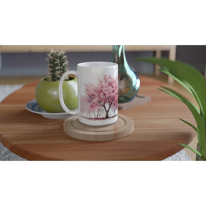cherry blossom trees mug, floral tree mug, pink cherry blossom, gift for her, gift for mom, 15 oz coffee cup image 2