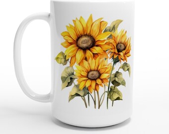 sunflowers mug, floral coffee mug, garden mug, gift for her, gift for mom, botanical tea cup, 15 oz coffee cup