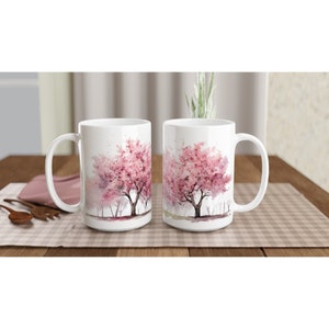 cherry blossom trees mug, floral tree mug, pink cherry blossom, gift for her, gift for mom, 15 oz coffee cup image 4