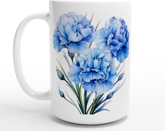 blue carnations mug, floral coffee mug, garden mug, gift for her, gift for mom, botanical tea cup, 15 oz coffee cup