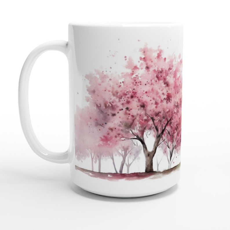 cherry blossom trees mug, floral tree mug, pink cherry blossom, gift for her, gift for mom, 15 oz coffee cup image 1