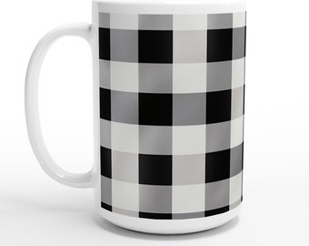 black gingham mug, black and white mug, gingham print mug, picnic mug, gift for her, 15 oz coffee cup