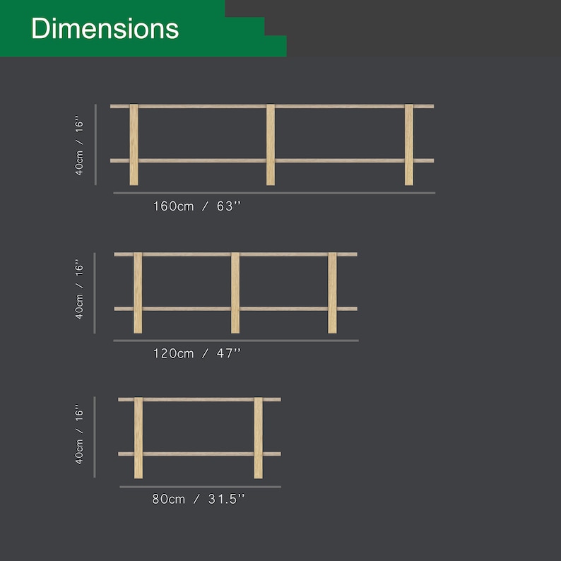 May include: Diagram showing three different sizes of wooden shelves. The shelves are 40 cm tall and come in lengths of 160 cm, 120 cm, and 80 cm.
