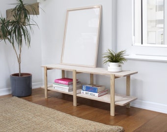 Scandinavian Low Bookcase: White Limba Legs, Birch Plywood Shelves