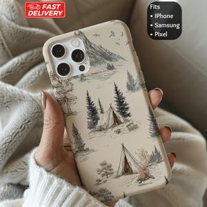 Camping Phone Case Vintage Tent Forest Tough Case iPhone 16 15 14 13 12 11 Pro max Samsung Pixel Case Cover Outdoors Nature Adventure Gift