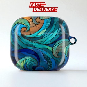 Ocean Wave Stained Glass AirPods Case with Carabiner, Artistic Blue Protective Cover for AirPods 1 2 3 4 Pro 1 2 gen, Glossy AirPod Case