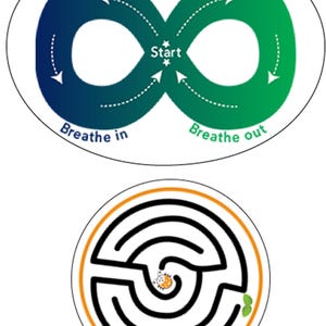 May include: A circular diagram with two loops, one green and one blue, representing a breathing exercise. The loops are connected at the center with a star and the words "Start" and "Breathe in" and "Breathe out" are written around the loops.