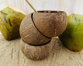 Handmade Natural Coconut Shell Bowls | Eco-Friendly & Organic | Candle Stand/Holder | Decorative Gift | Original and Unpolished | 10 cm