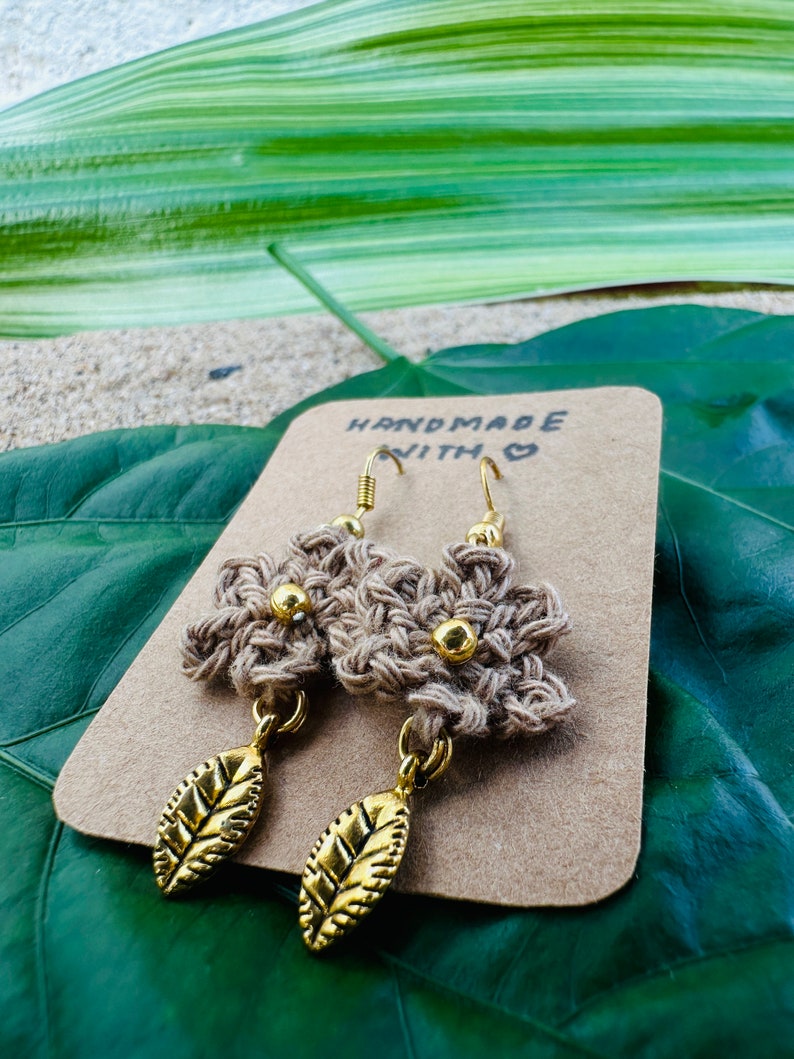 Handmade Brown Crochet Earrings With Gold Leaf Lightweight 5cm Length