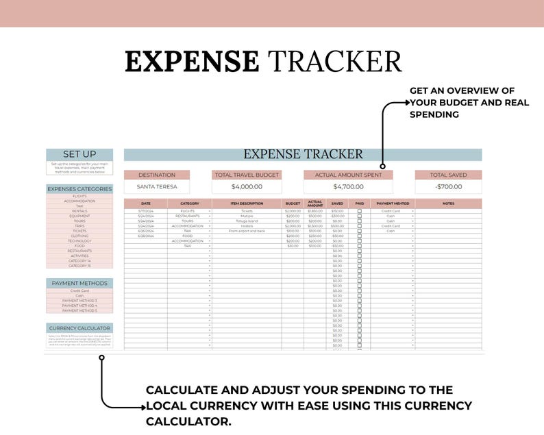 Expense tracker with your budget and amount saved. You get also a currency calculator.