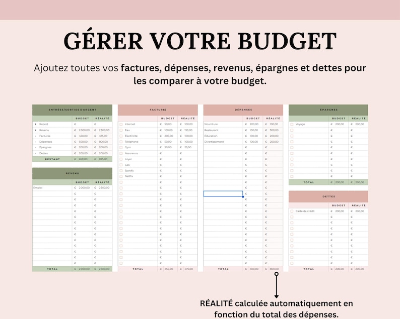 gérer votre budget, vos factures, vos dépenses, vos revenus, vos épargnes et dettes pour les comparer a votre budget