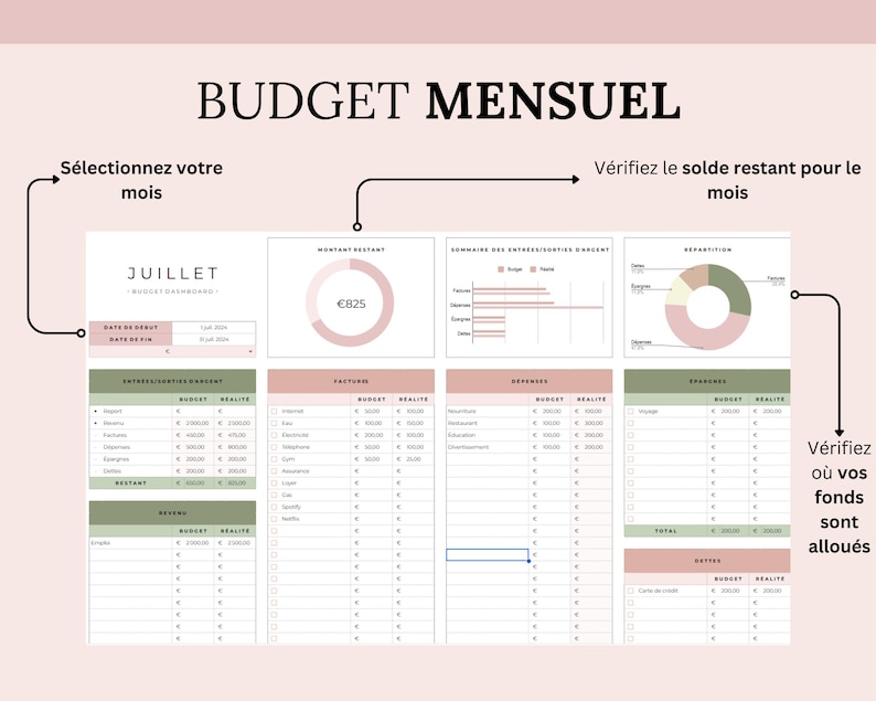 Budget mensuel, vous pouvez choisir le mois, vérifiez le solde restant pour le mois