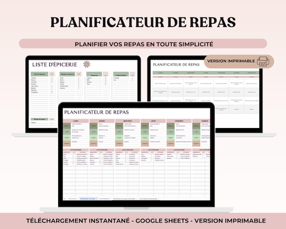Planificateur de repas français Google Sheets et imprimable, Meal Planner in French