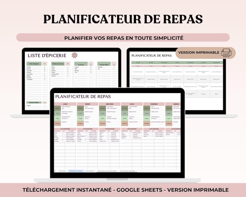 Planificateur de repas français google sheets et imprimable