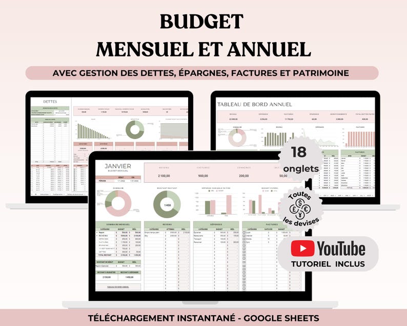 Planificateur budgétaire avec budget mensuel et annuel sur google sheets