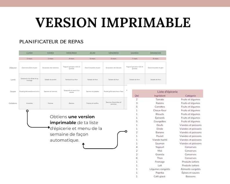 Obtiens une version imprimable de ta liste d'épicerie et menu de la semaine de façon automatique