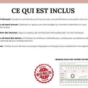 Ce qui es inclus c'est le budget mensuel, annuel, calendrier des factures, tableau de bord des dettes, et épargnes