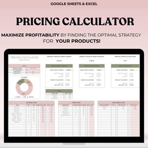 May include: A laptop screen displaying a spreadsheet with a pricing calculator for a single product. The spreadsheet includes sections for material cost, labour cost, and additional cost. The spreadsheet also includes a pie chart showing the breakdown of costs. The spreadsheet is titled "Pricing Calculator" and the text "Maximize Profitability by Finding the Optimal Strategy for Your Products!" is displayed above the spreadsheet.