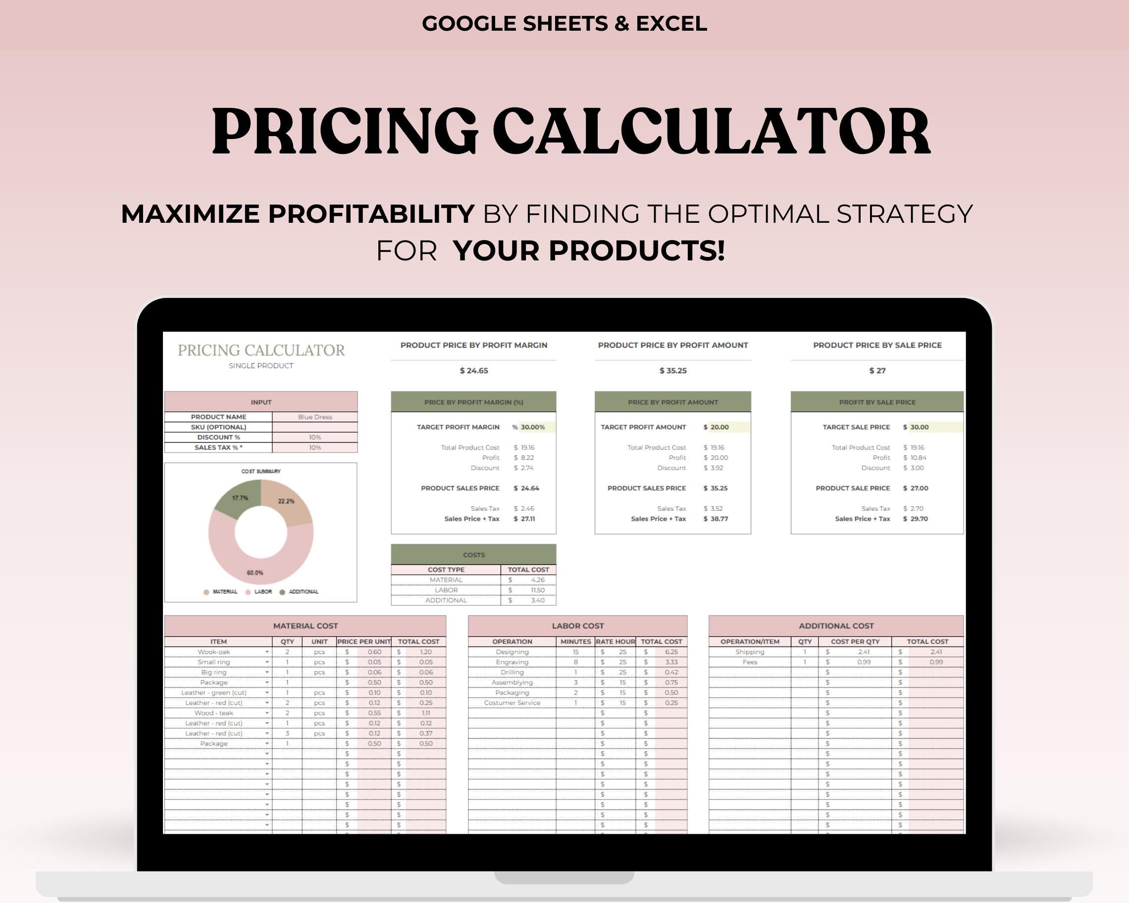 Pricing Calculator Spreadsheet, Small Business Template, Product