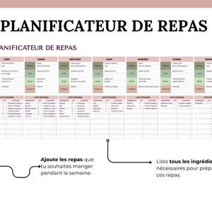 Planificateur de repas sur google sheets, il suffit d'ajouter les repas que tu souhaites manger pendant la semaine et lister tous les ingrédients nécessaires pour les préparer.