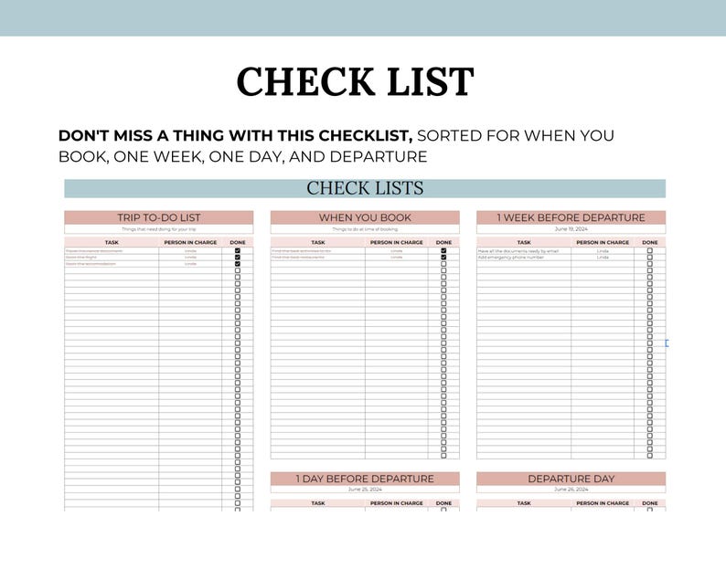 Check list sorted by when you book, 1 week before, one day before, and departure