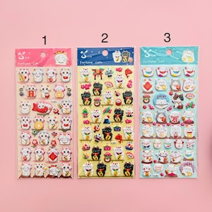 Feuille d'autocollants 3D gonflés chat de la fortune, stickers déco, stickers kawaii