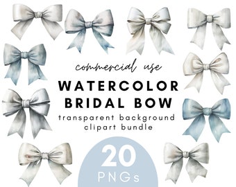Bridal Watercolor Bow Clipart- 20 Transparent Background PNG Commercial Use Instant Download