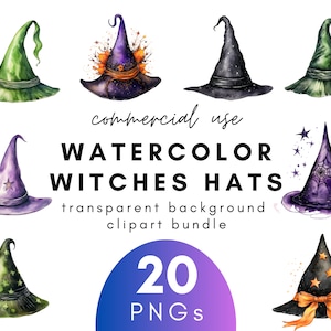 Spooky Watercolor Witch's Hat Clipart- 20 Transparent Background PNG Commercial Use Instant Download