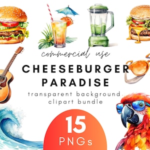 Watercolor Cheeseburger Paradise Clipart- 15 Transparent Background PNG Commercial Use Instant Download