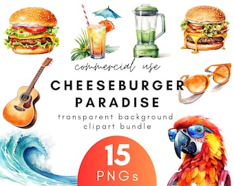 Watercolor Cheeseburger Paradise Clipart- 15 Transparent Background PNG Commercial Use Instant Download