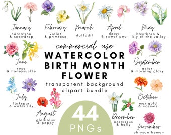 Watercolor Birth Month Flower Botanical Clipart- 44 Transparent Background PNG Commercial Use Instant Download