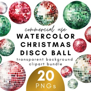May include: A set of 20 watercolor Christmas disco ball PNG clipart images. The balls are in various colors, including red, green, and gold. They are perfect for adding a festive touch to your digital designs.
