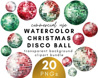 Watercolor Christmas Disco Ball Clipart- 20 Transparent Background PNG Commercial Use Instant Download