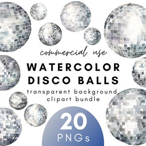 Plata acuarela Disco Ball Clipart- 20 Fondo transparente PNG Uso comercial Descarga instantánea