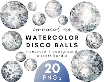 Silver Watercolor Disco Ball Clipart- 20 Transparent Background PNG Commercial Use Instant Download