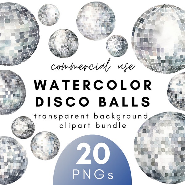 Clipart boule disco aquarelle argent - 20 fond Transparent PNG à usage commercial téléchargement immédiat