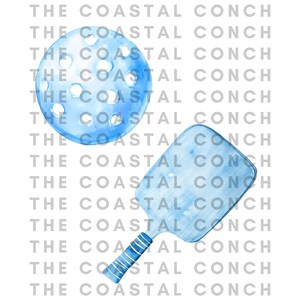 May include: A blue watercolor illustration of a paddle and ball for playing pickleball. The paddle has a blue wooden blade and a blue and white striped handle. The ball is a light blue color with holes in it.
