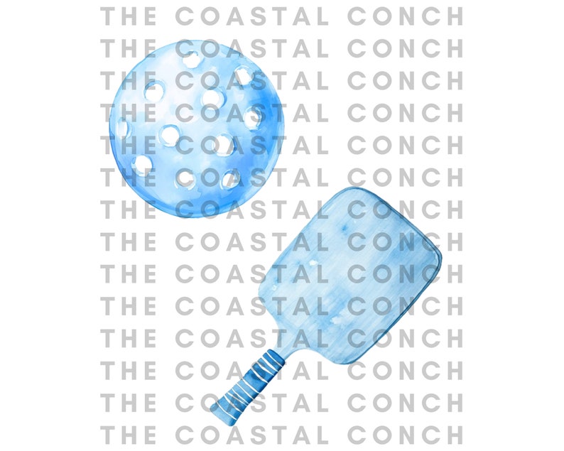 May include: A blue watercolor illustration of a paddle and ball for playing pickleball. The paddle has a blue wooden blade and a blue and white striped handle. The ball is a light blue color with holes in it.