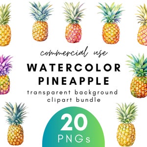 May include: A set of 20 watercolor pineapple illustrations with transparent backgrounds. The pineapples are in various colors, including yellow, green, pink, and purple. The text "Commercial Use Watercolor Pineapple Transparent Background Clipart Bundle 20 PNGs" is displayed on the image.