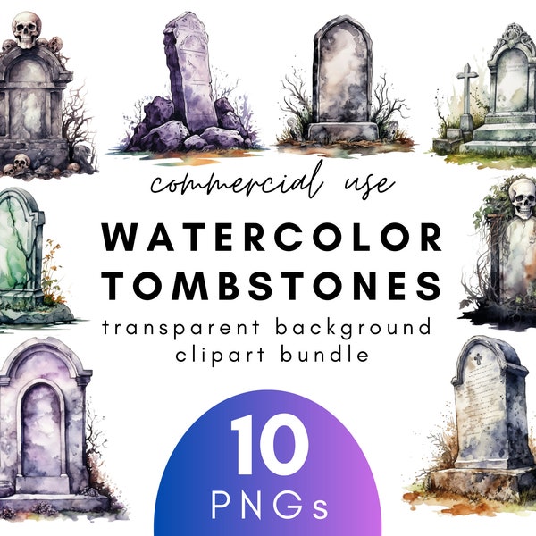 Spooky Watercolor Tombstone Clipart- 10 Transparent Background PNG Commercial Use Instant Download