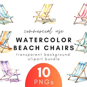 Nautical Watercolor Beach Chairs Clipart- 10 Transparent Background PNG Commercial Use Instant Download