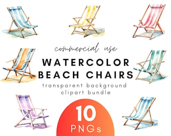 Nautical Watercolor Beach Chairs Clipart- 10 Transparent Background PNG Commercial Use Instant Download